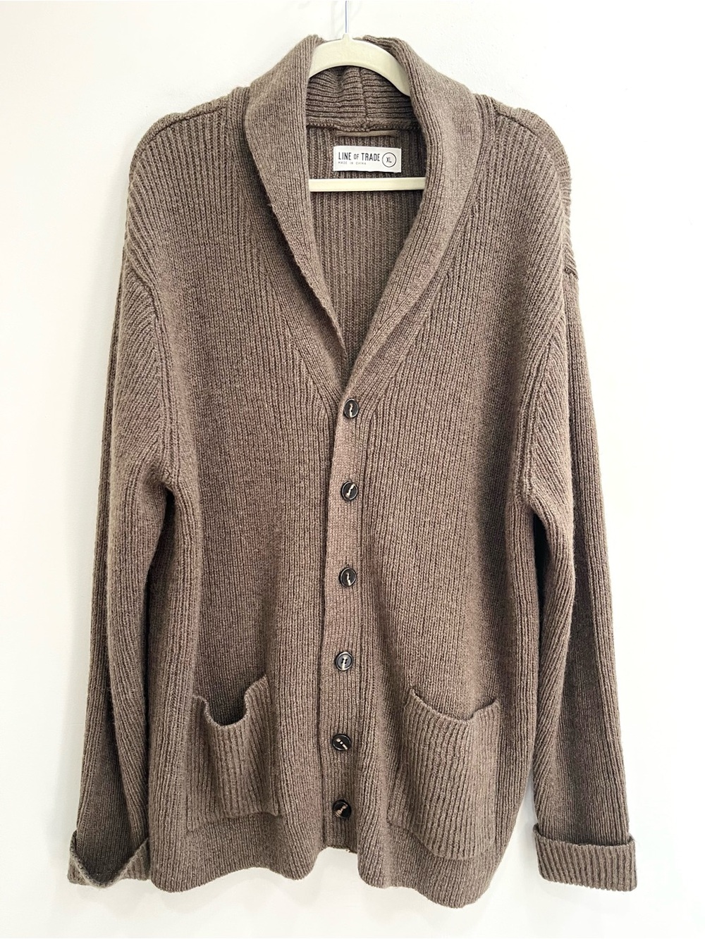 Line of Trade The Dockside Shawl 100% Shetland Wool Cardigan In Vine Olive Green